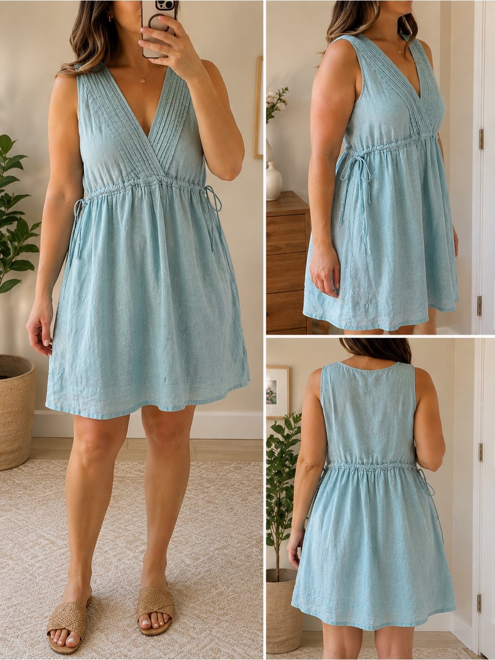 Sundance 100% Linen Aqua Blue Sleeveless Pintuck Tie-Waist Midi Dress Size M